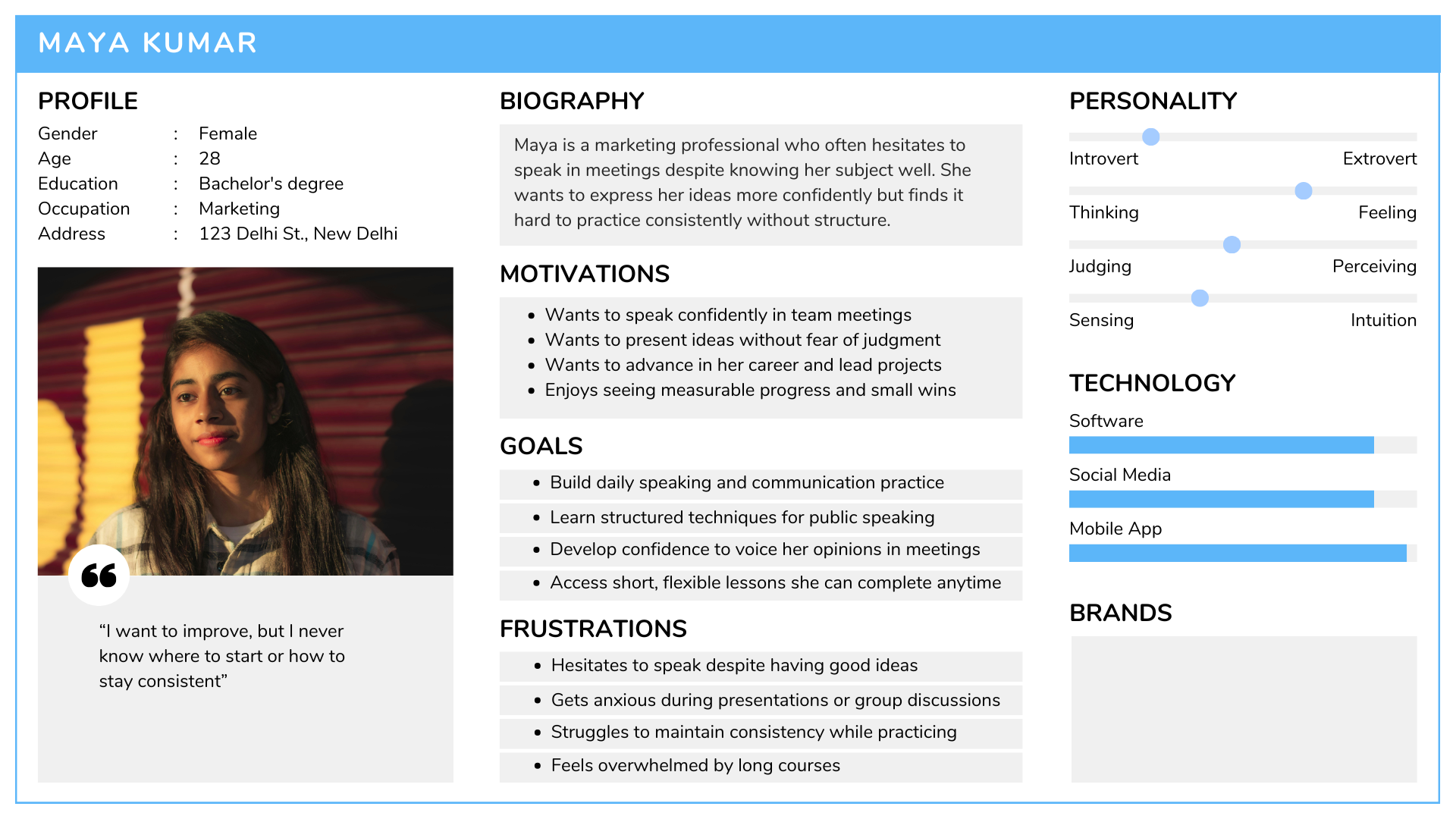 User persona card — Maya Kumar, working professional